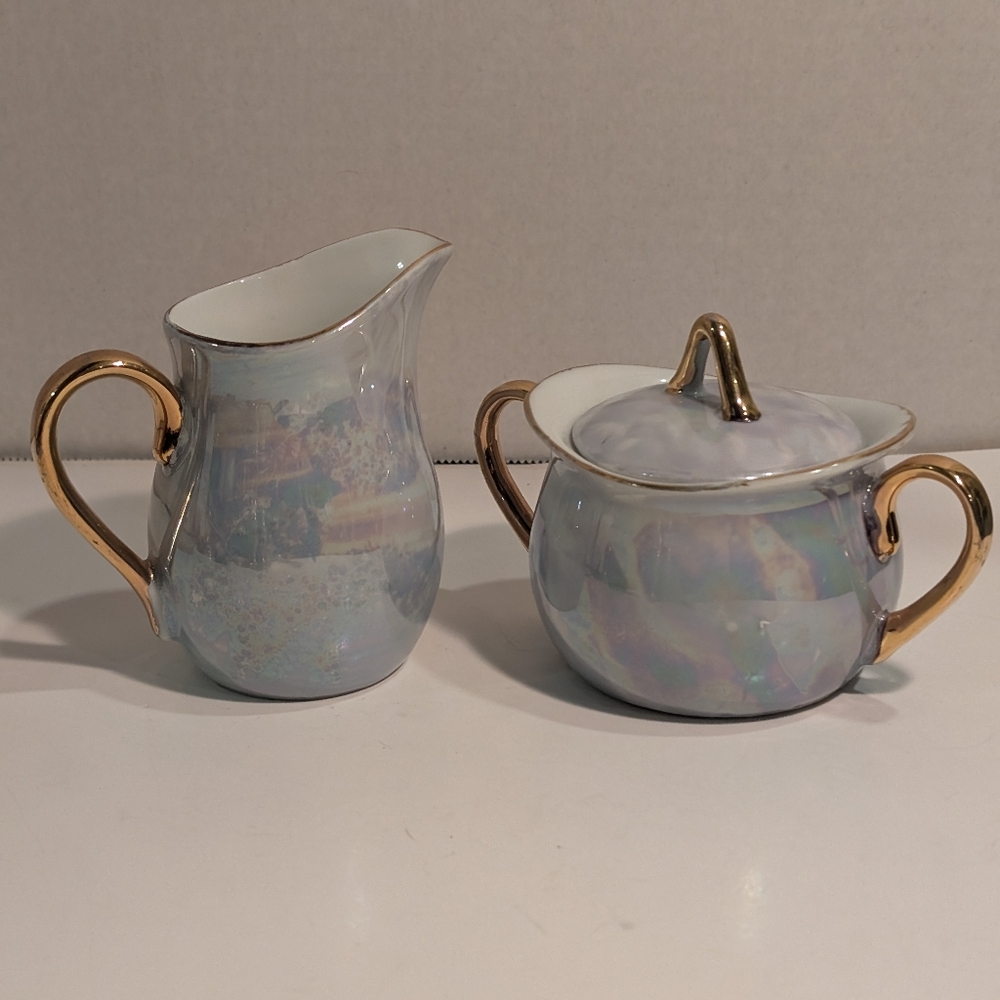 Vintage Napco Ceramic Sugar & Creamer, Iridescent Gold Trim Made In Japan